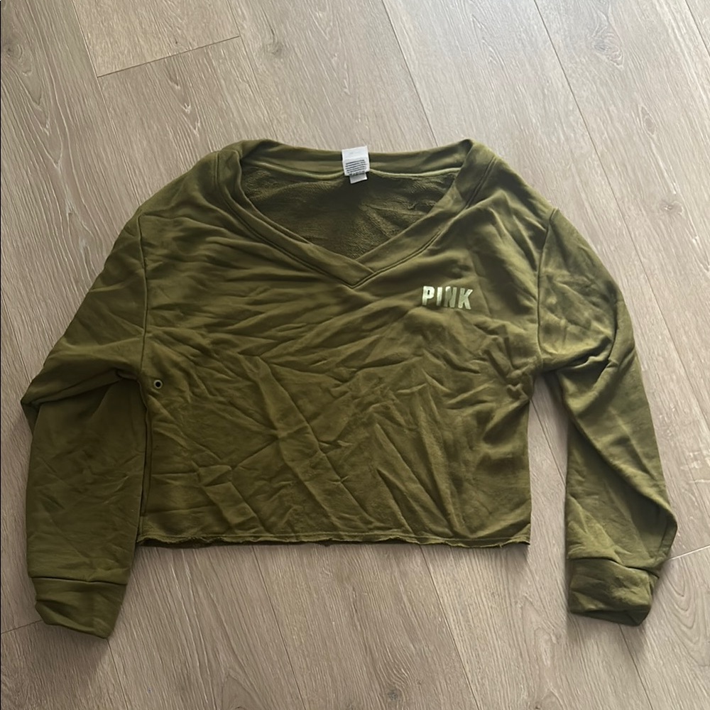 PINK Olive Green V-Neck Sweatshirt